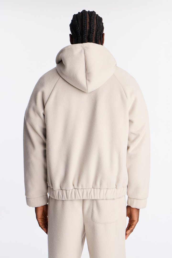 Fuzzy Textured Premium Zip Up Hoodie - Stone