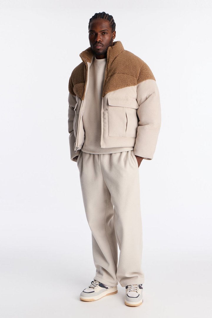 Textured Faux Fur Paneled Puffer Jacket - Beige