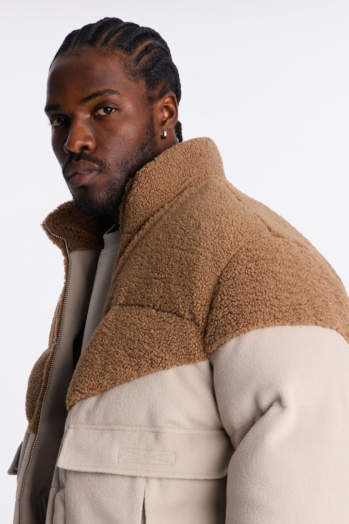 Textured Faux Fur Paneled Puffer Jacket - Beige