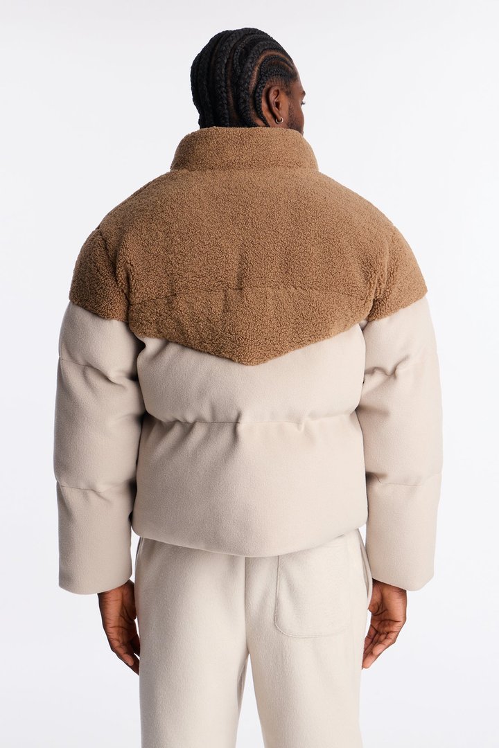 Textured Faux Fur Paneled Puffer Jacket - Beige