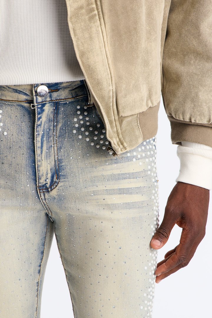 Stacked Skinny Flare Fancy Me Pearls With Jewel Jean - Medium Wash