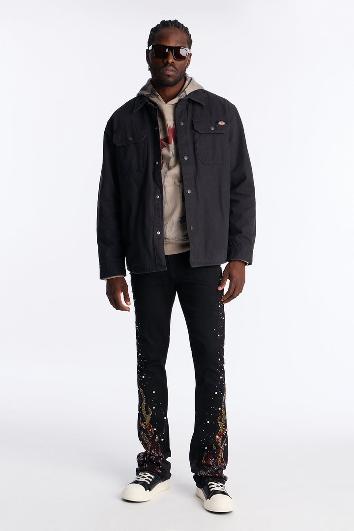 Stacked Skinny Flare Flamed Rose Jeweled Jean - Black
