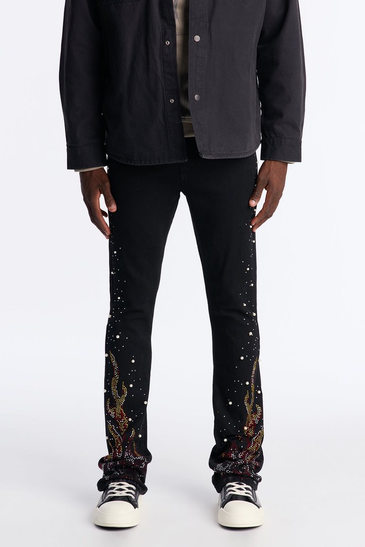 Stacked Skinny Flare Flamed Rose Jeweled Jean - Black