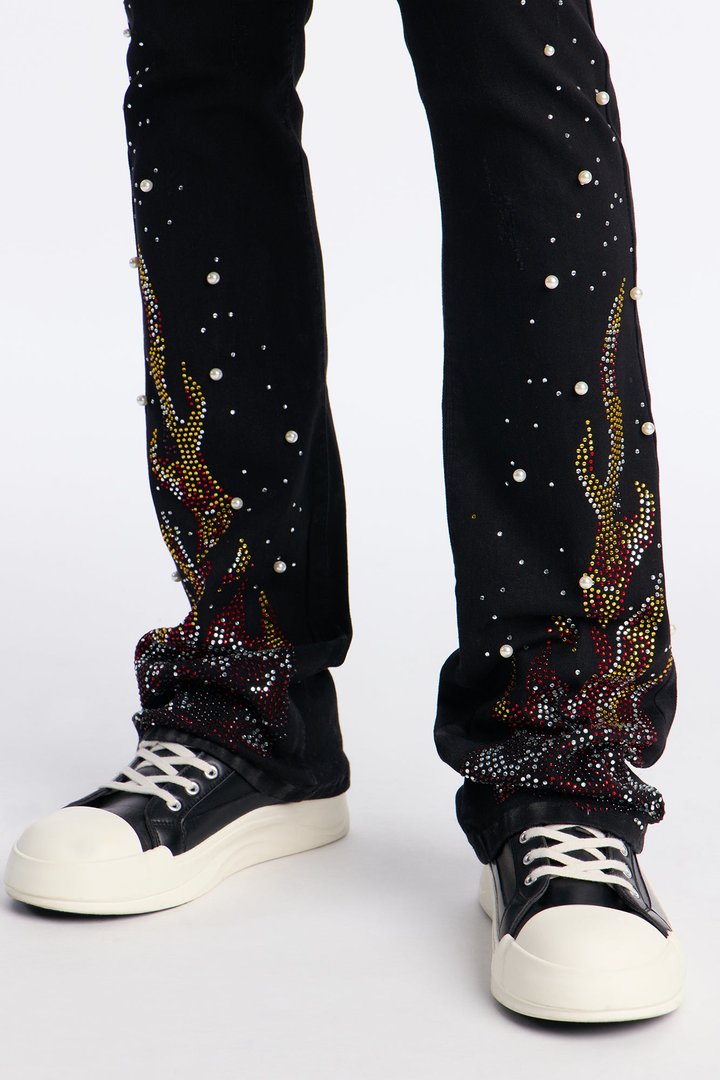 Stacked Skinny Flare Flamed Rose Jeweled Jean - Black