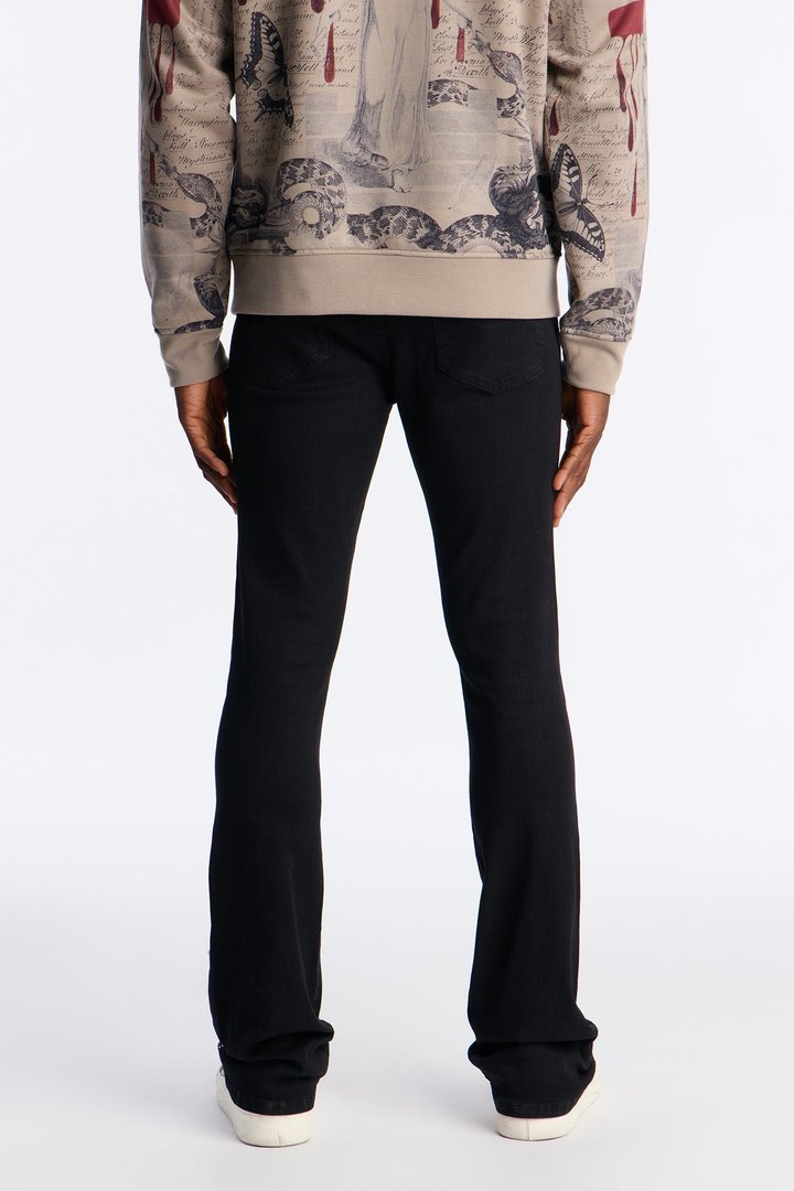 Stacked Skinny Flare Flamed Rose Jeweled Jean - Black
