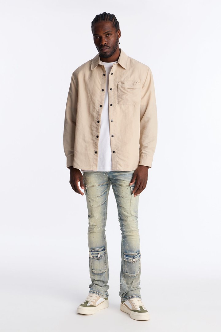 Stacked Skinny Flare Speckled Jeweled Cargo Jean - Medium Wash