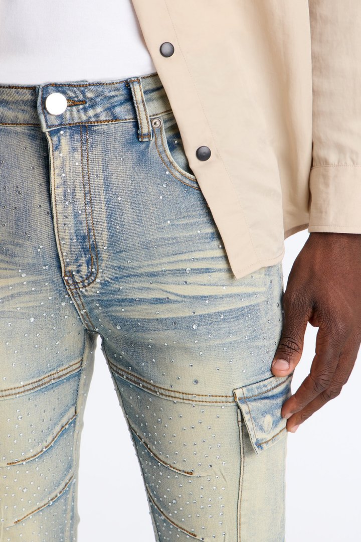 Stacked Skinny Flare Speckled Jeweled Cargo Jean - Medium Wash