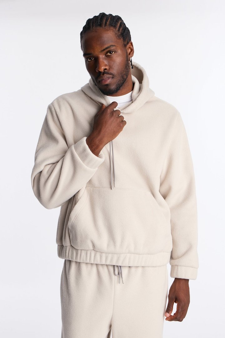 Fuzzy Textured Premium Hoodie - Stone