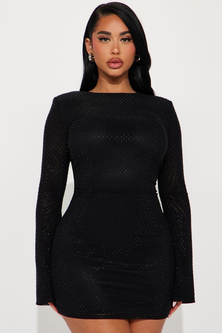 Sarah Rhinestone Mesh Mini Dress - Black