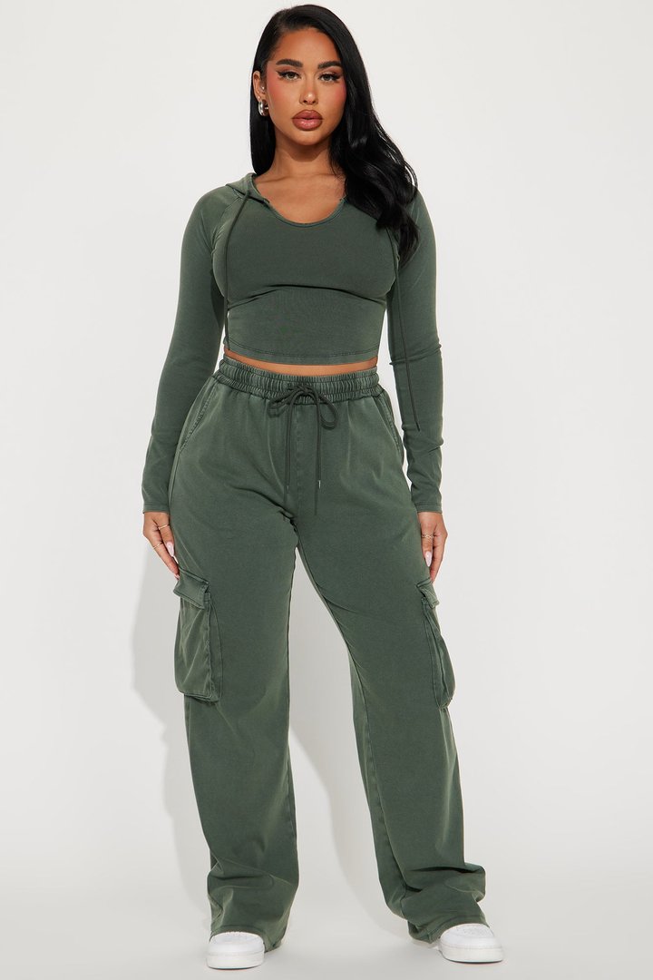Keep It Casual Washed Pant Set - Olive