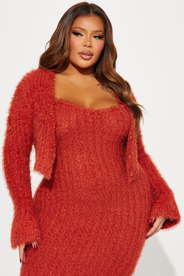 All Fuzzy Sweater Maxi Dress Set - Rust