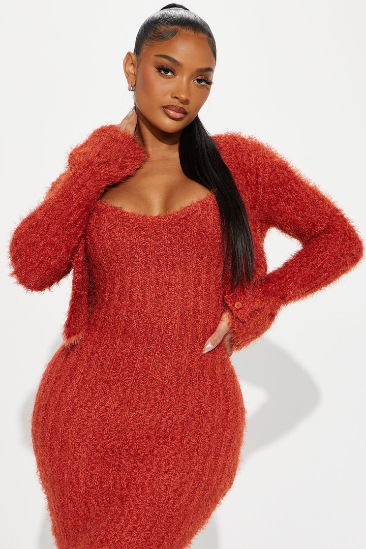 All Fuzzy Sweater Maxi Dress Set - Rust