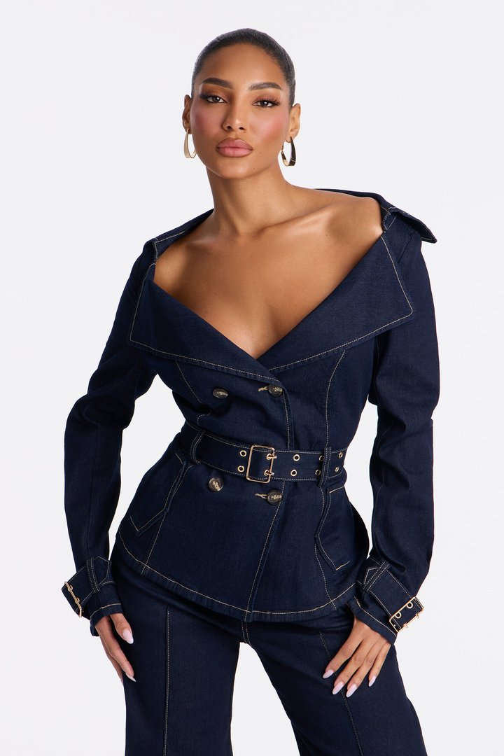 Ellanor Belted Trench Denim Pant Set - Dark Denim