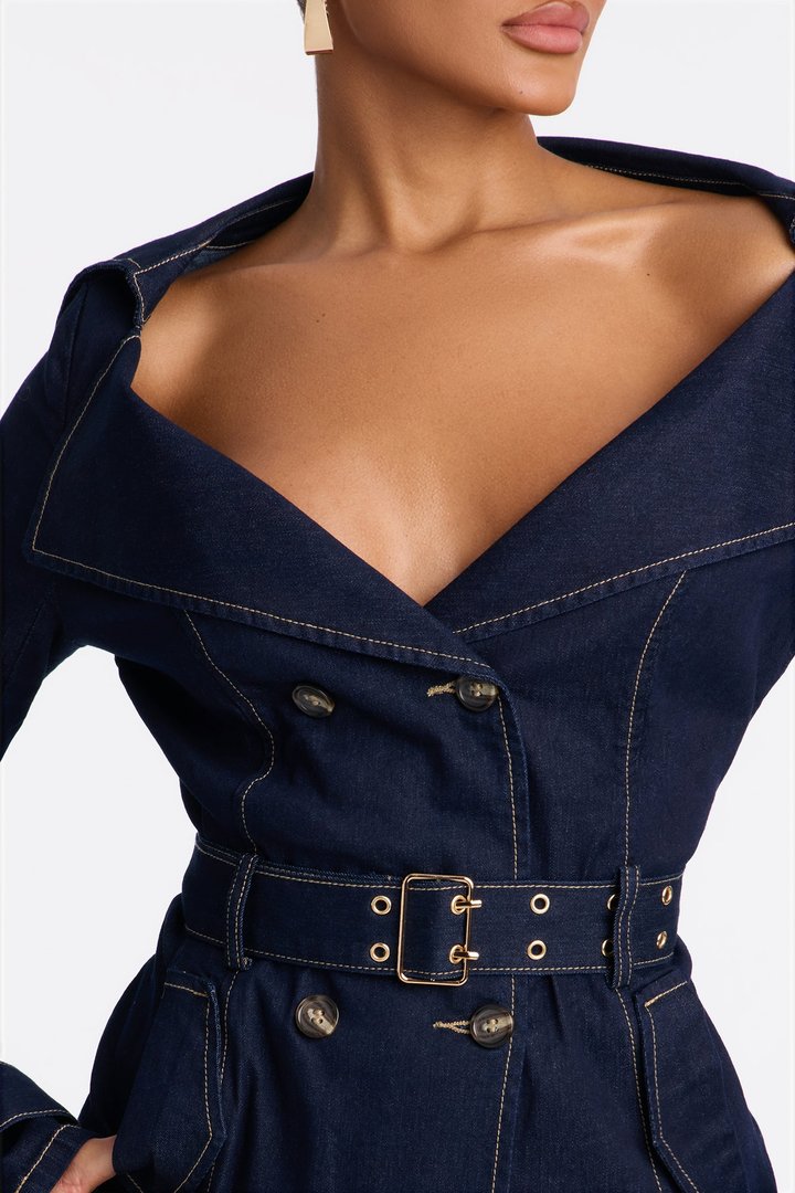 Ellanor Belted Trench Denim Pant Set - Dark Denim