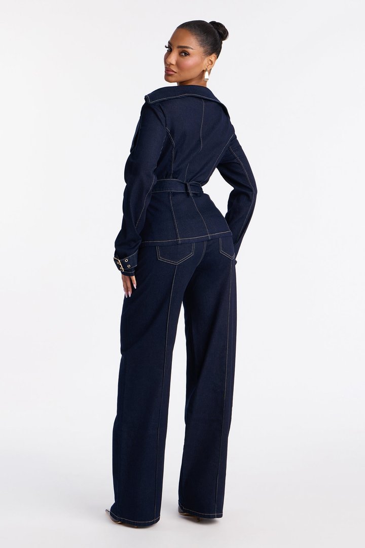 Ellanor Belted Trench Denim Pant Set - Dark Denim