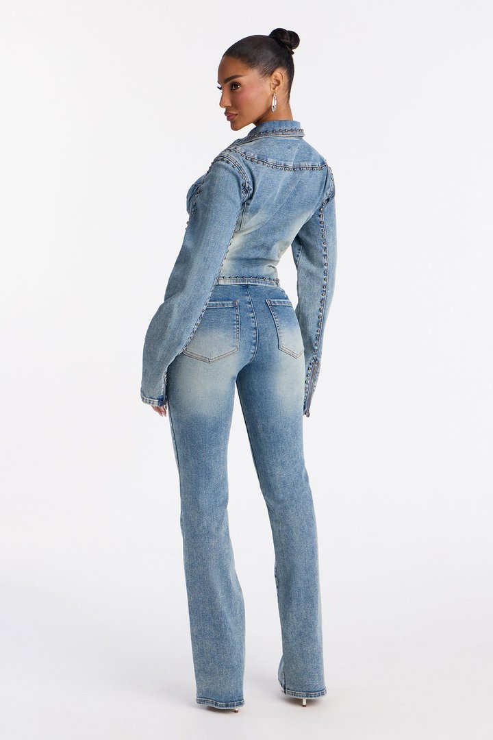Serena Washed Denim Studded Pant Set - Medium Wash