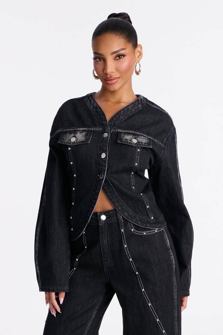 Alana Washed Studded Denim Pant Set - Dark Denim