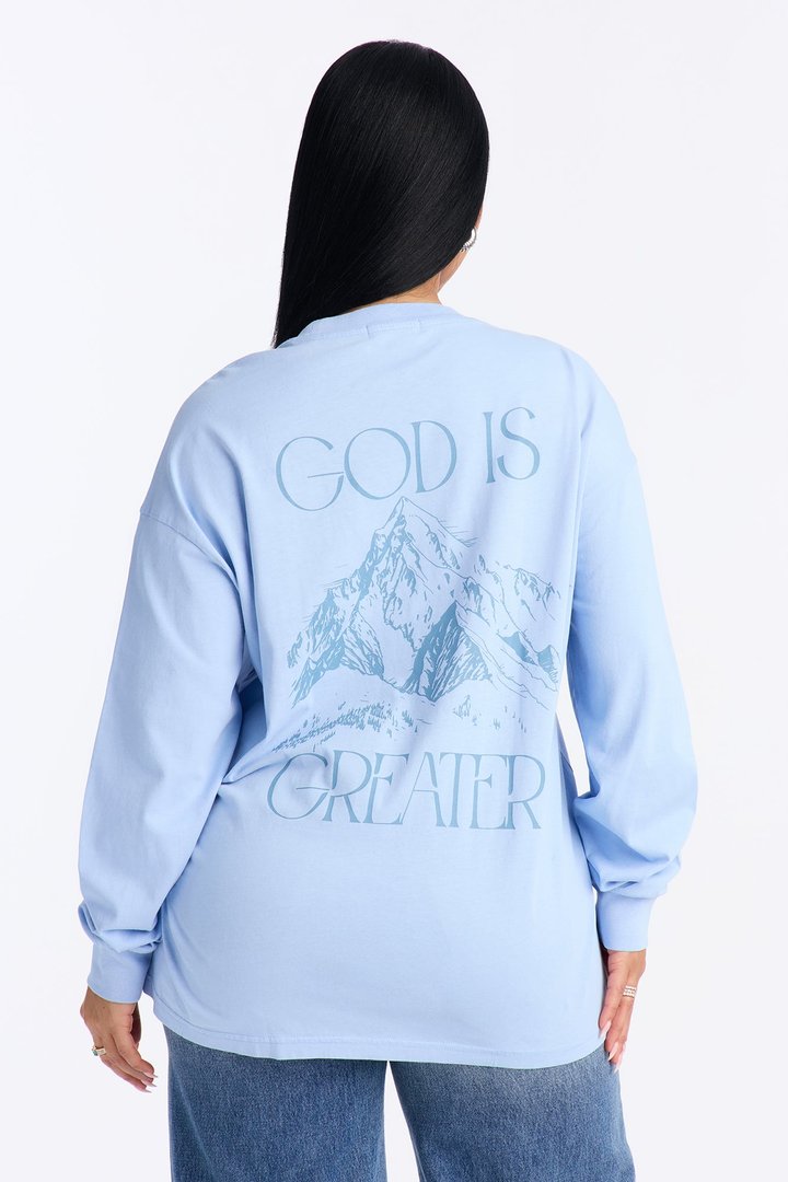 God Is Greater Oversize Long Sleeve Tee - Light Blue