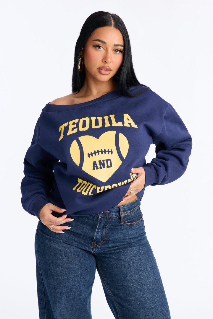 Tequila And Touchdowns Off Shoulder Sweatshirt - Navy