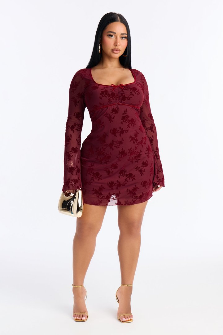 Rosé Mode Floral Flocked Mini Dress - Wine