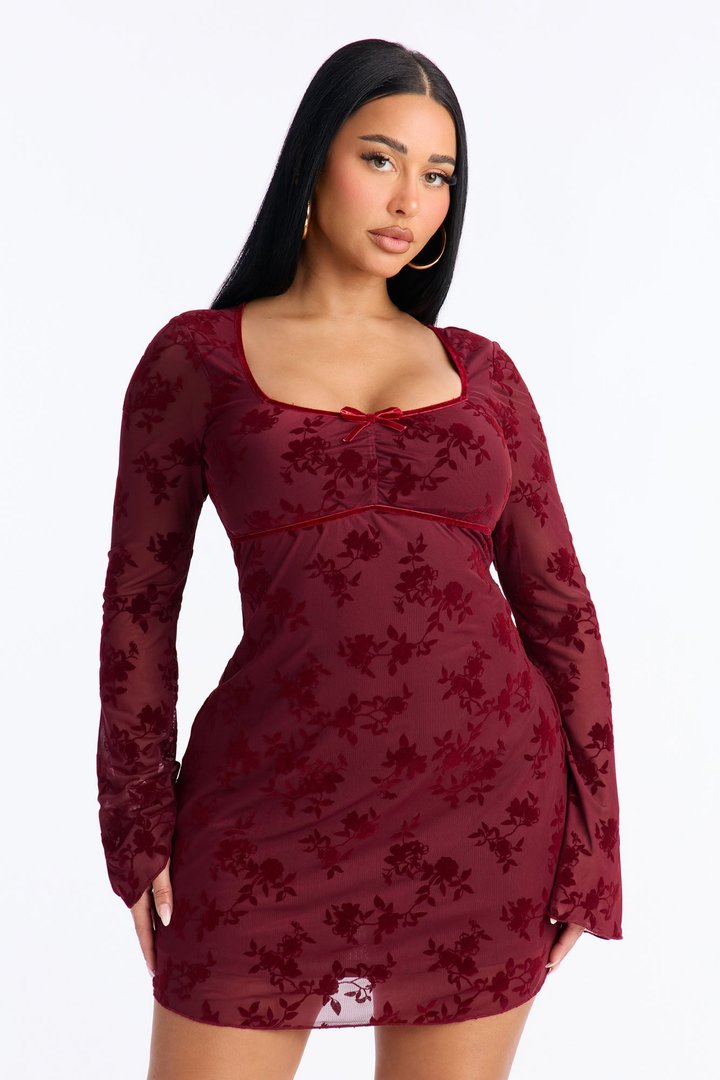 Rosé Mode Floral Flocked Mini Dress - Wine
