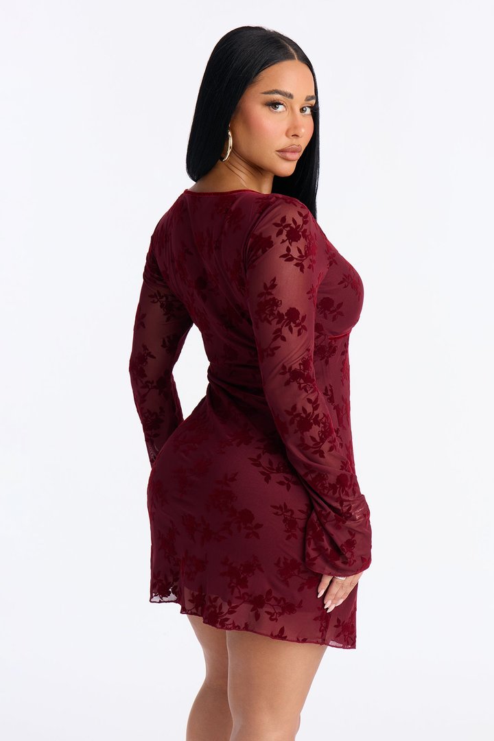 Rosé Mode Floral Flocked Mini Dress - Wine