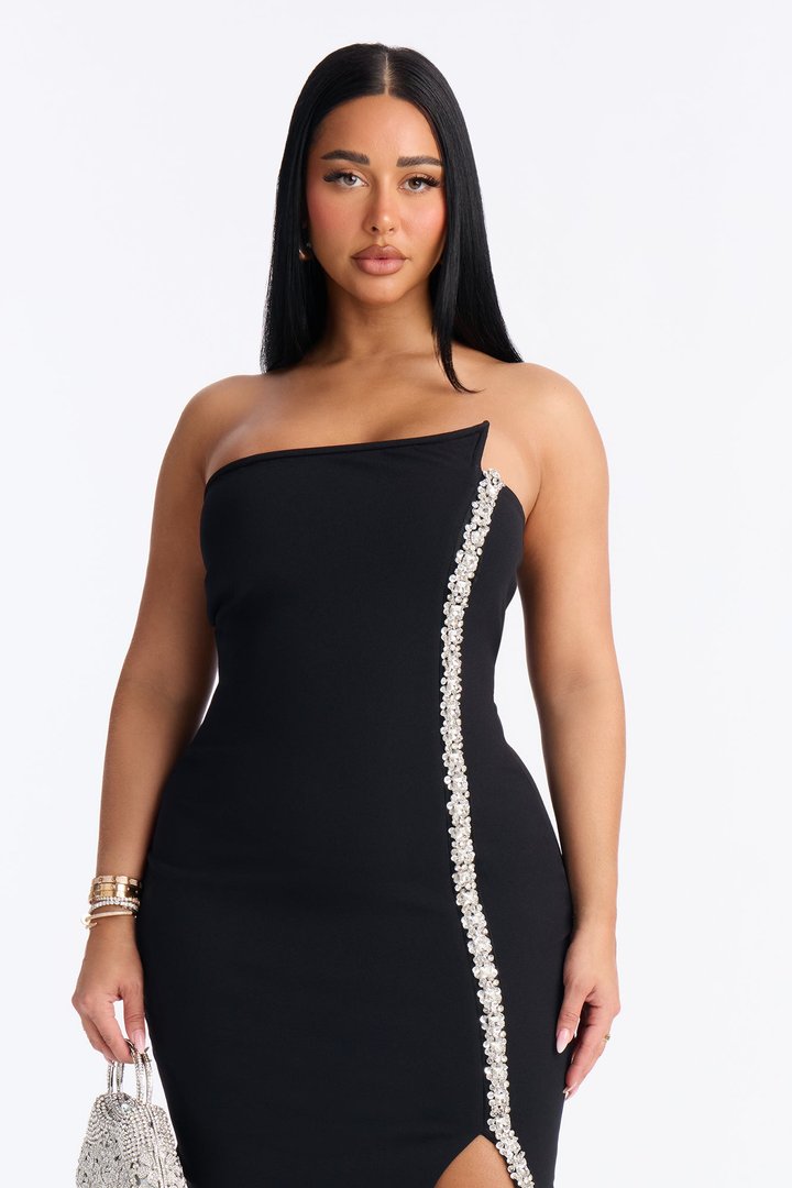 Naomi Asymmetrical Rhinestone Midi Dress - Black