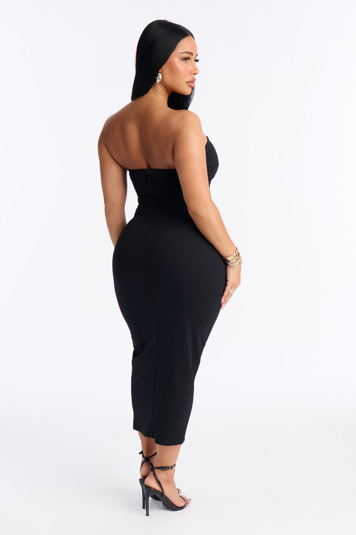 Naomi Asymmetrical Rhinestone Midi Dress - Black