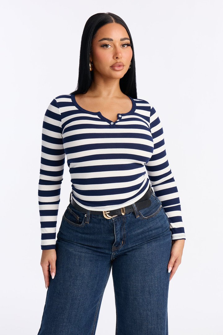 Katherine Striped Long Sleeve Top - Navy