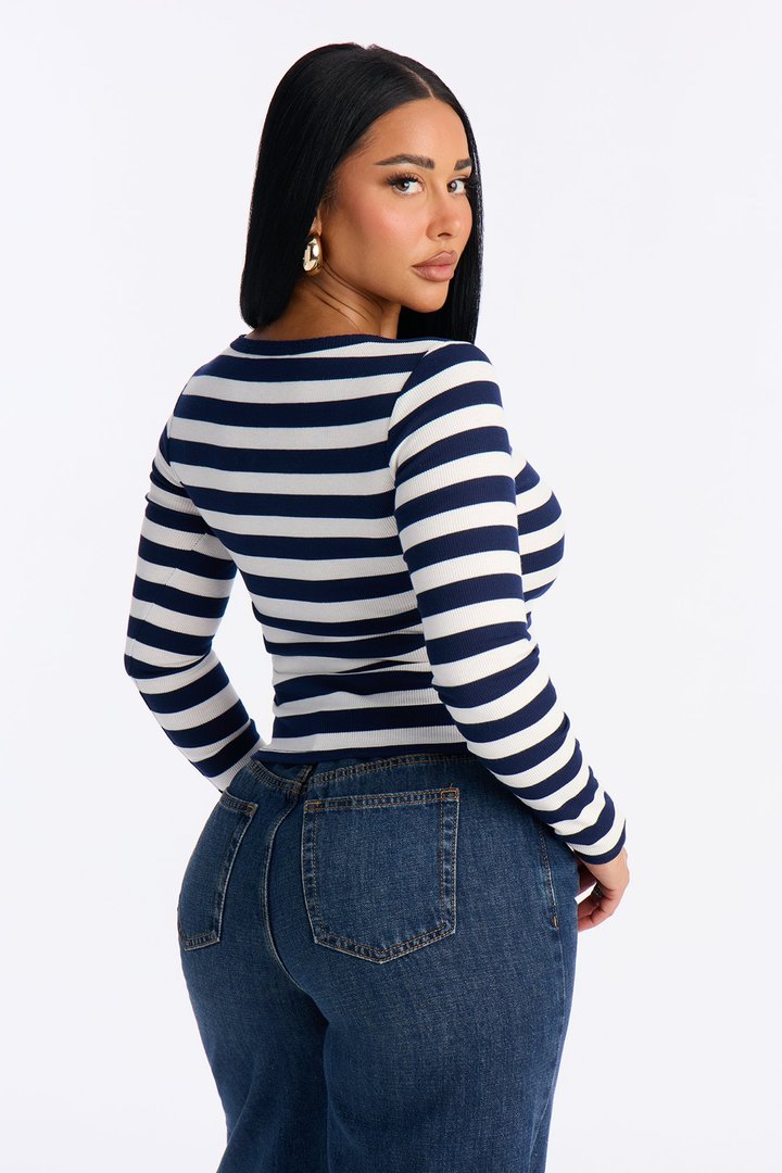 Katherine Striped Long Sleeve Top - Navy