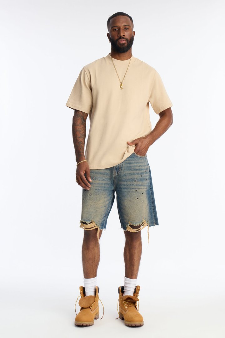 Relaxed Looking Out Distressed Grommet Denim Short - Dark Wash