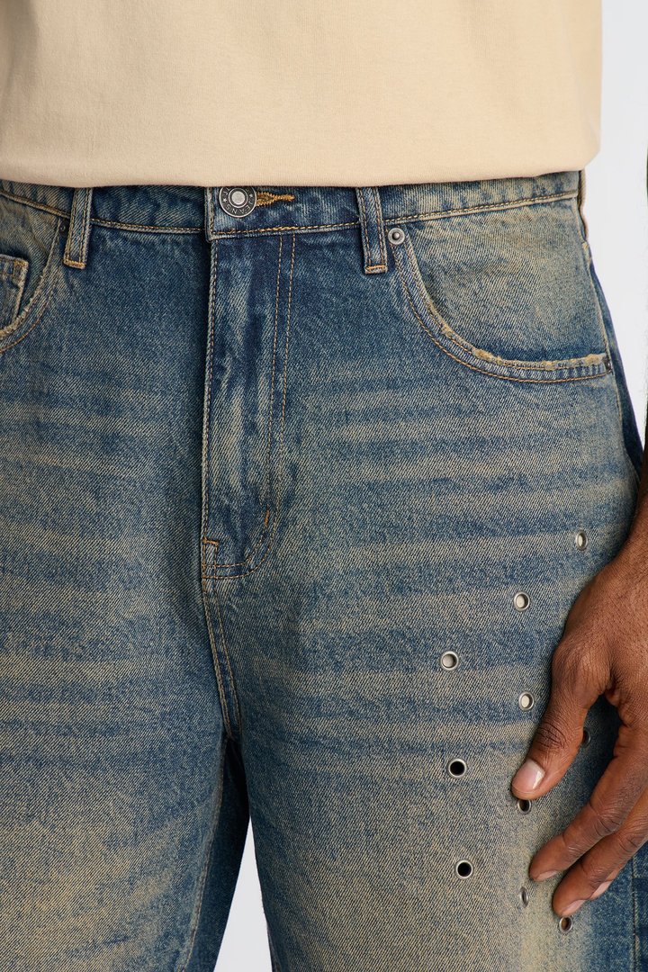 Relaxed Looking Out Distressed Grommet Denim Short - Dark Wash