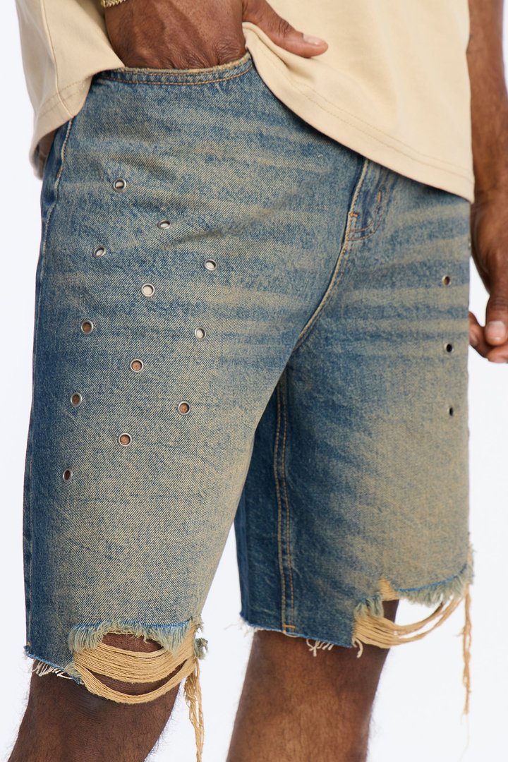 Relaxed Looking Out Distressed Grommet Denim Short - Dark Wash