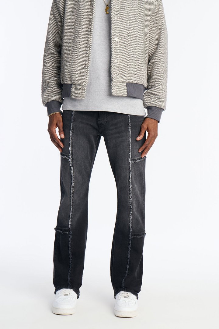 Stacked Skinny Flare Frayed Along Panel Jean - Black Wash