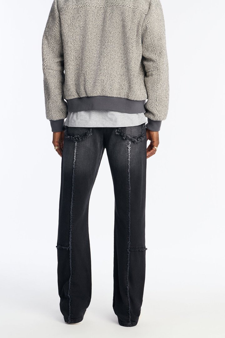 Stacked Skinny Flare Frayed Along Panel Jean - Black Wash