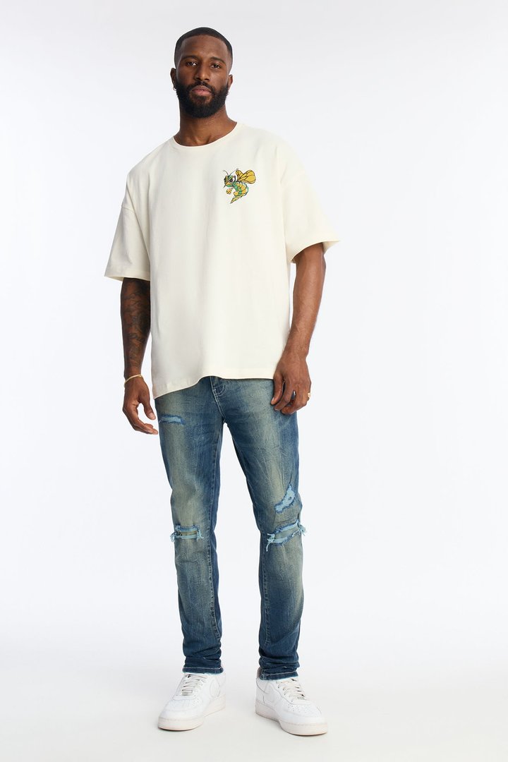 Skinny Distressed Tinted Mode Jeans - Medium Blue Wash
