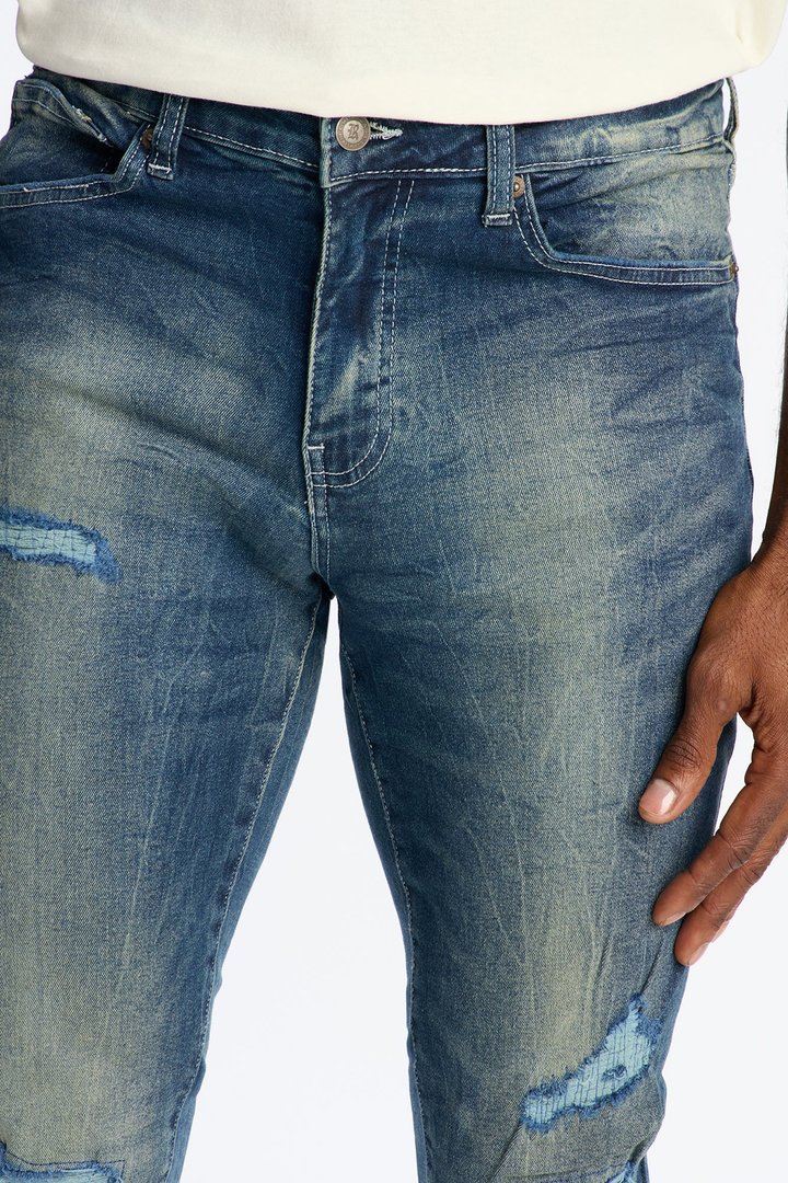 Skinny Distressed Tinted Mode Jeans - Medium Blue Wash