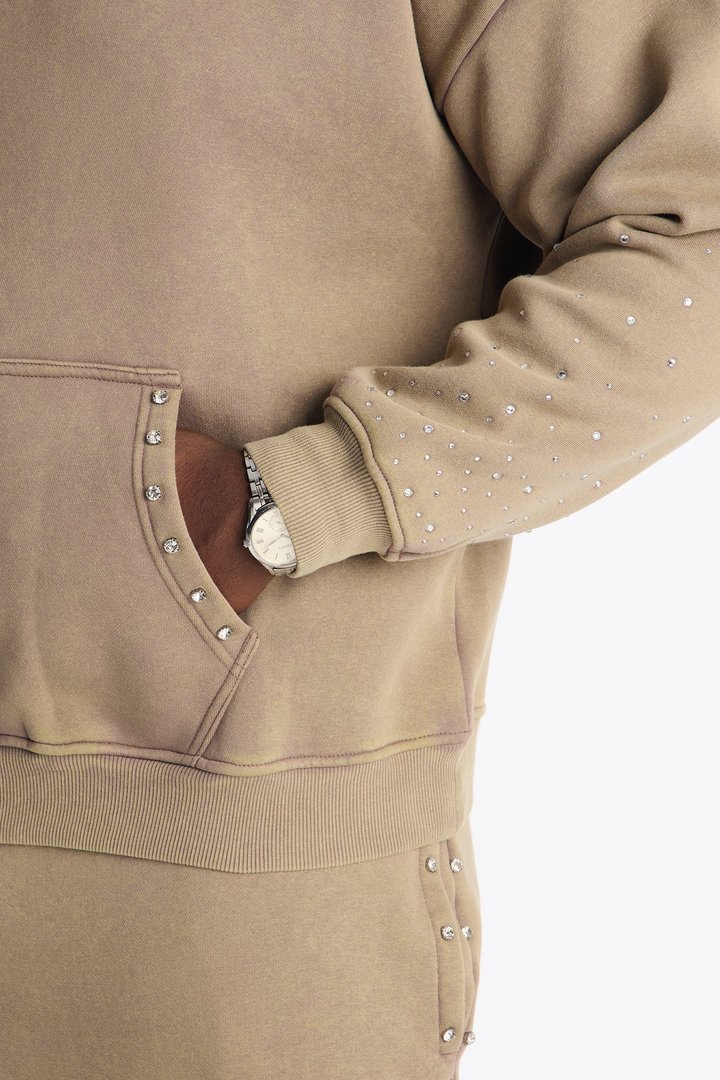 Ice Cold Rhinestones Oversized Hoodie - Taupe