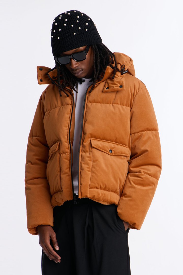 Cropped Hooded Velvet Classic Puffer Jacket - Brown