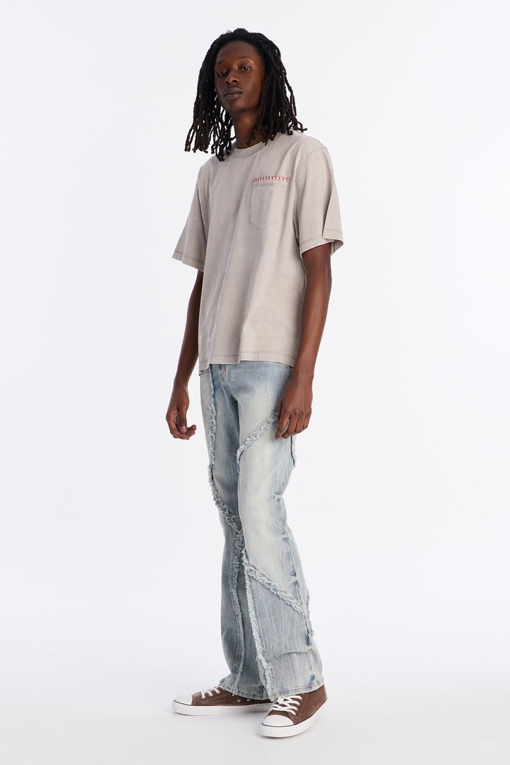 Stacked Skinny Flare Frayed Lines Jean - Light Blue Wash