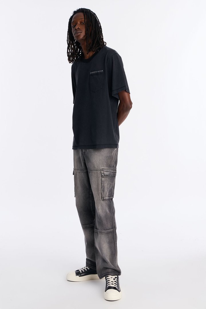 Gridline Fade Pocket Stitch Tee - Black Wash