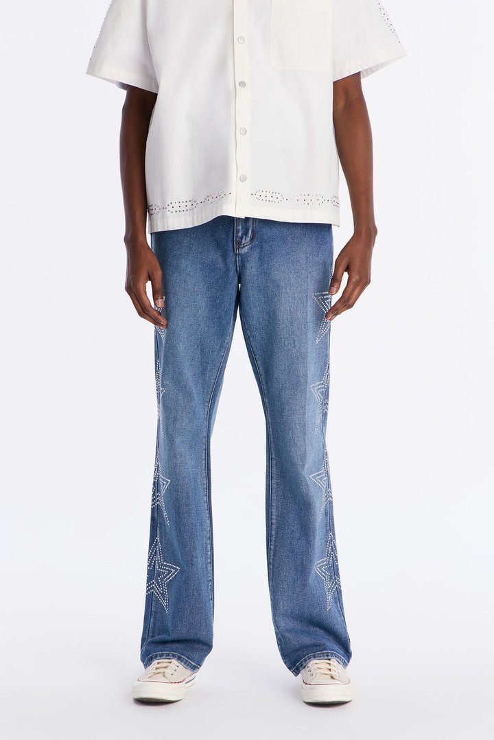 Stacked Slim Flare Stars Within Star Jeweled Jean - Medium Wash