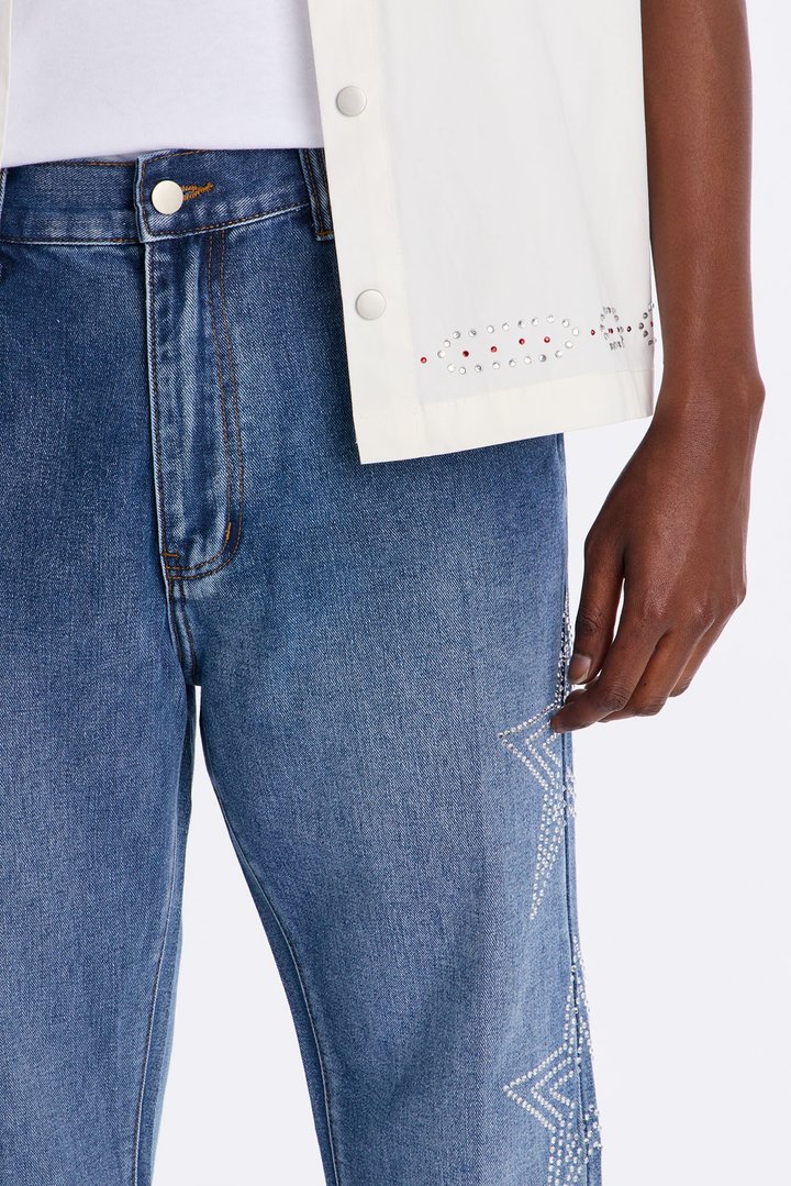 Stacked Slim Flare Stars Within Star Jeweled Jean - Medium Wash