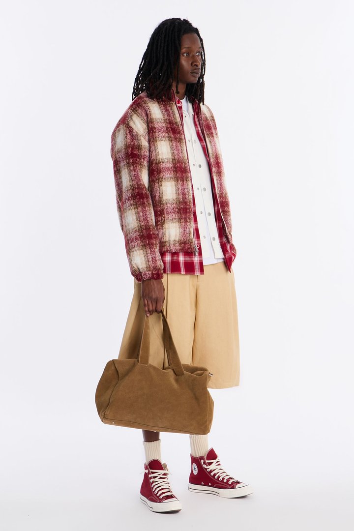 Relaxed Faux Wool Plaid Cozy Bomber Jacket - Burgundy