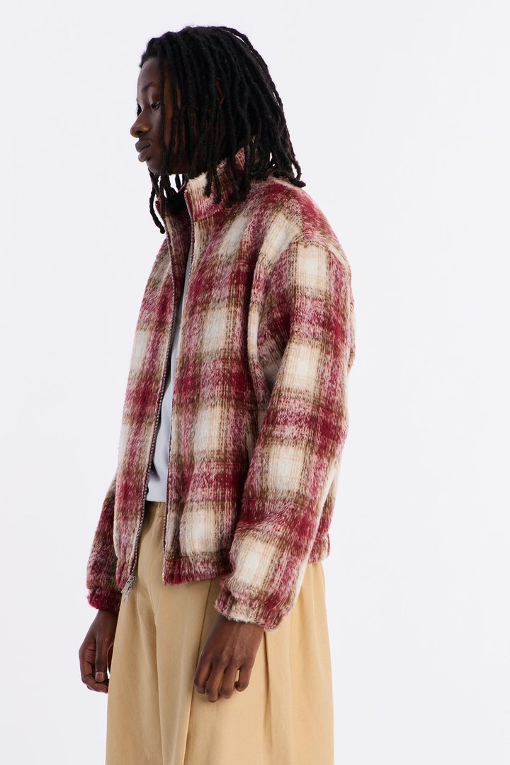 Relaxed Faux Wool Plaid Cozy Bomber Jacket - Burgundy