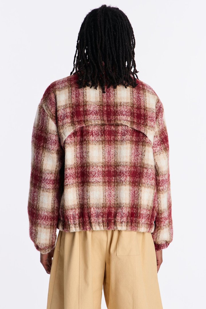 Relaxed Faux Wool Plaid Cozy Bomber Jacket - Burgundy