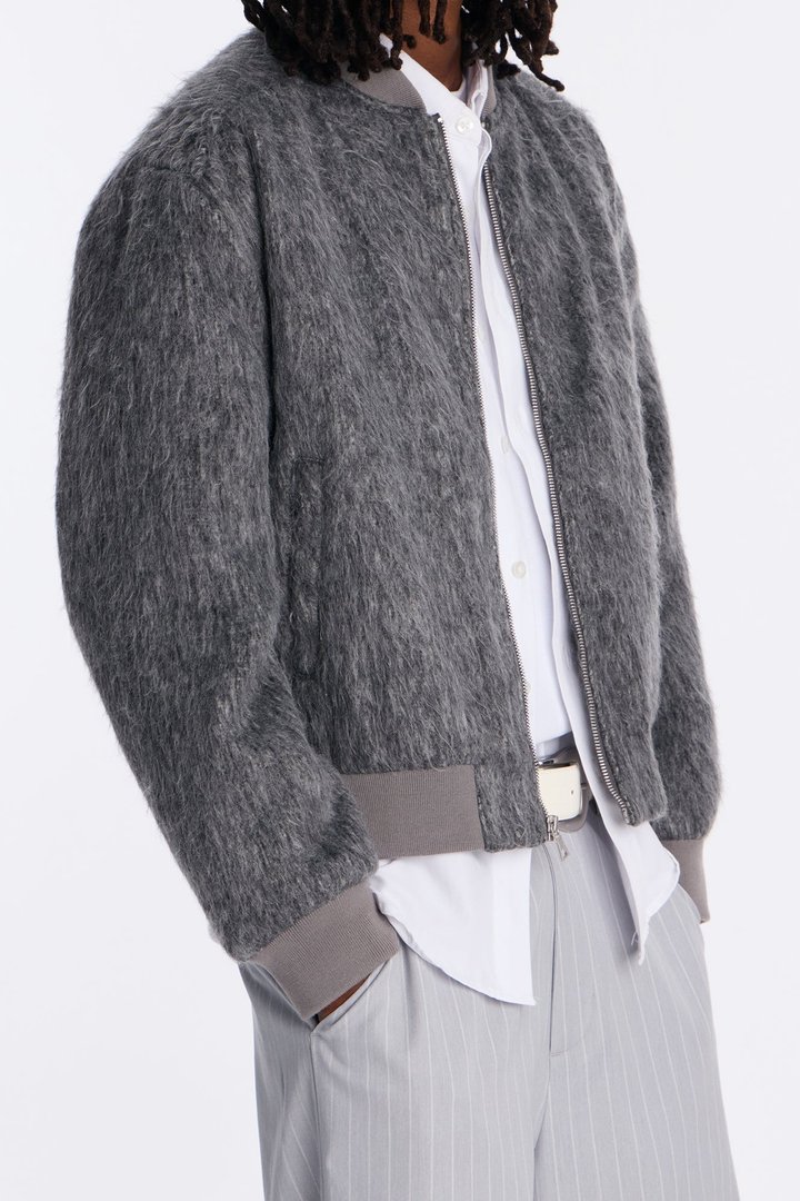 Relaxed Textured Mohair Bomber Jacket - Grey
