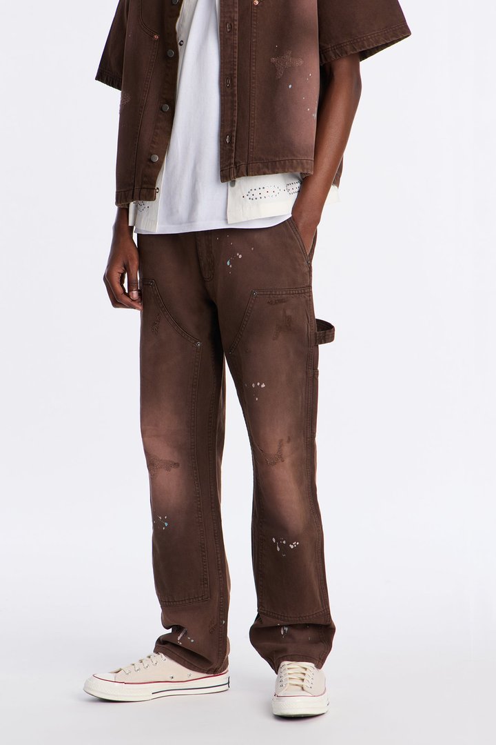 Straight Splatter Paint Distressed Carpenter Work Pant - Brown
