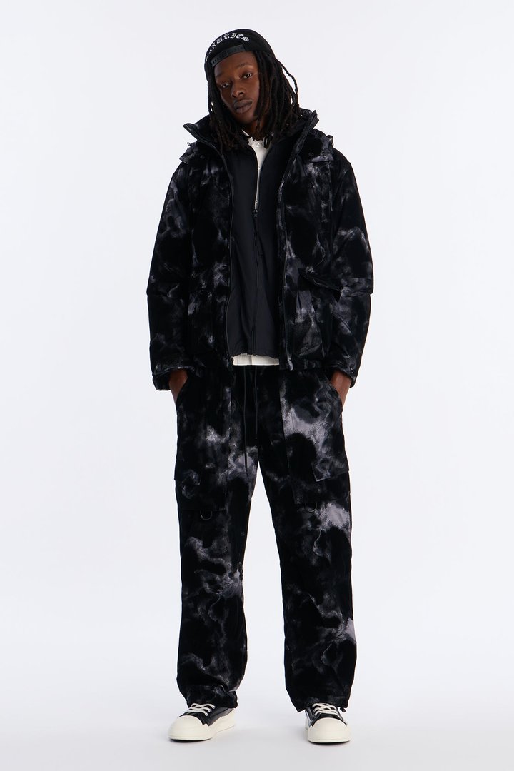 Padded Flocked Marble Ski Jacket - Black