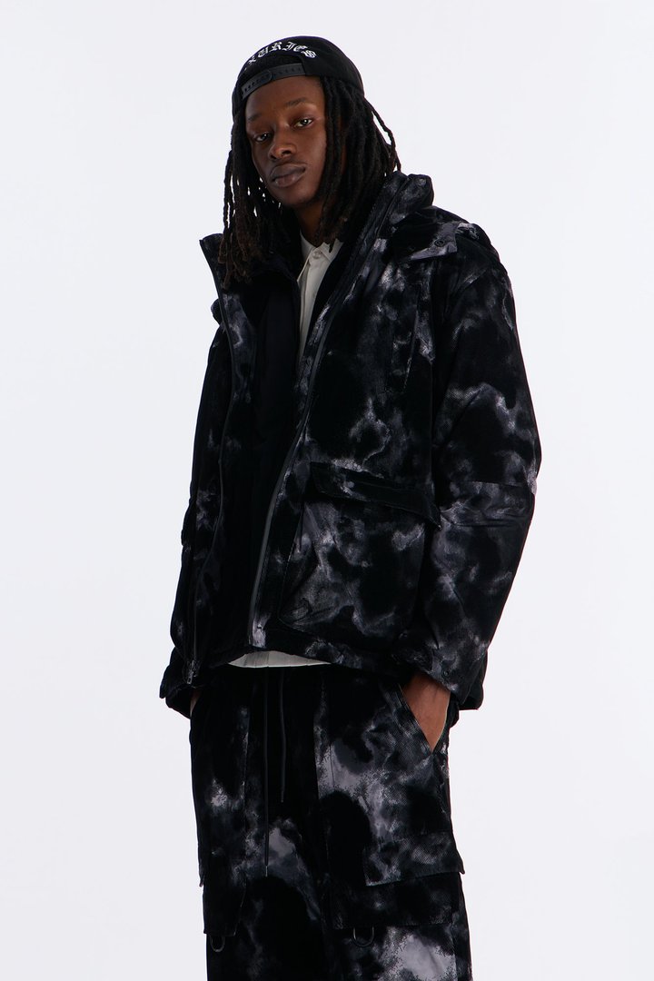 Padded Flocked Marble Ski Jacket - Black
